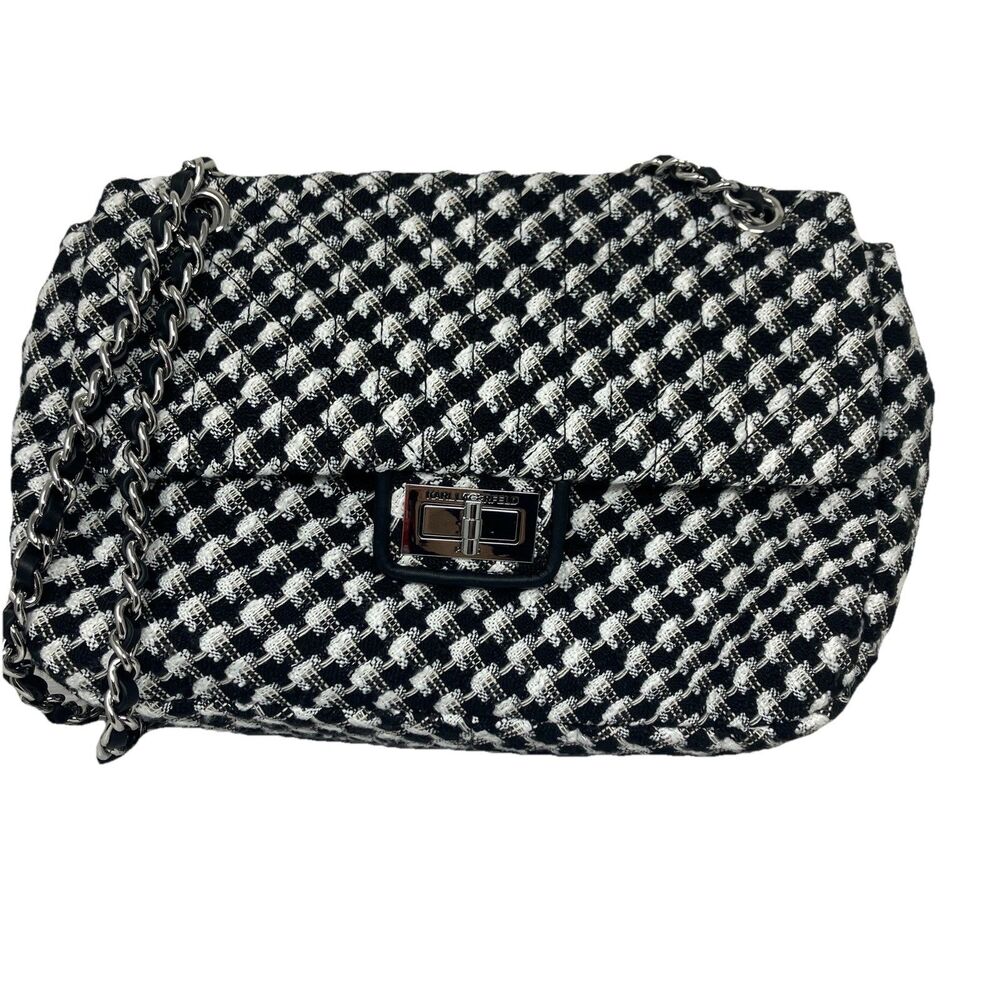 Karl Lagerfeld Paris Tweed‎ Shoulder Bag Womens Black White Chain Flap Spring